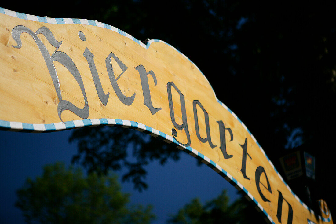 Beer garden sign of castle brewery, Valley, Upper Bavaria, Bavaria, Germany