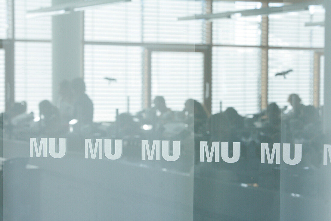 View through labeled pane to students during a course, Biozentrum of the Ludwig-Maximilians-University (LMU), Martinsried, Planegg, Bavaria, Germany