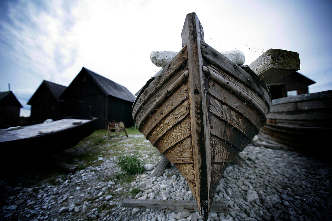 Old fishing boats and huts, Faro, Gotland, Sweden