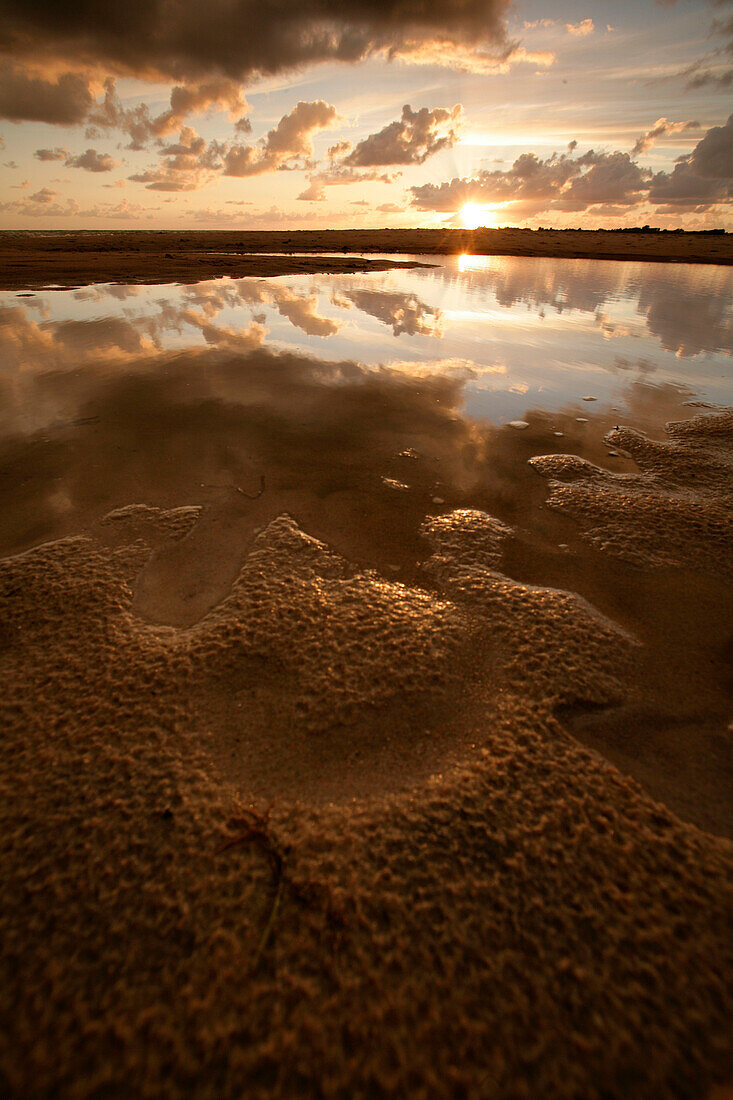 Beach on a cloudy day with reflection, Segeltorpstrandet, Halmstadt, Skane, Sweden