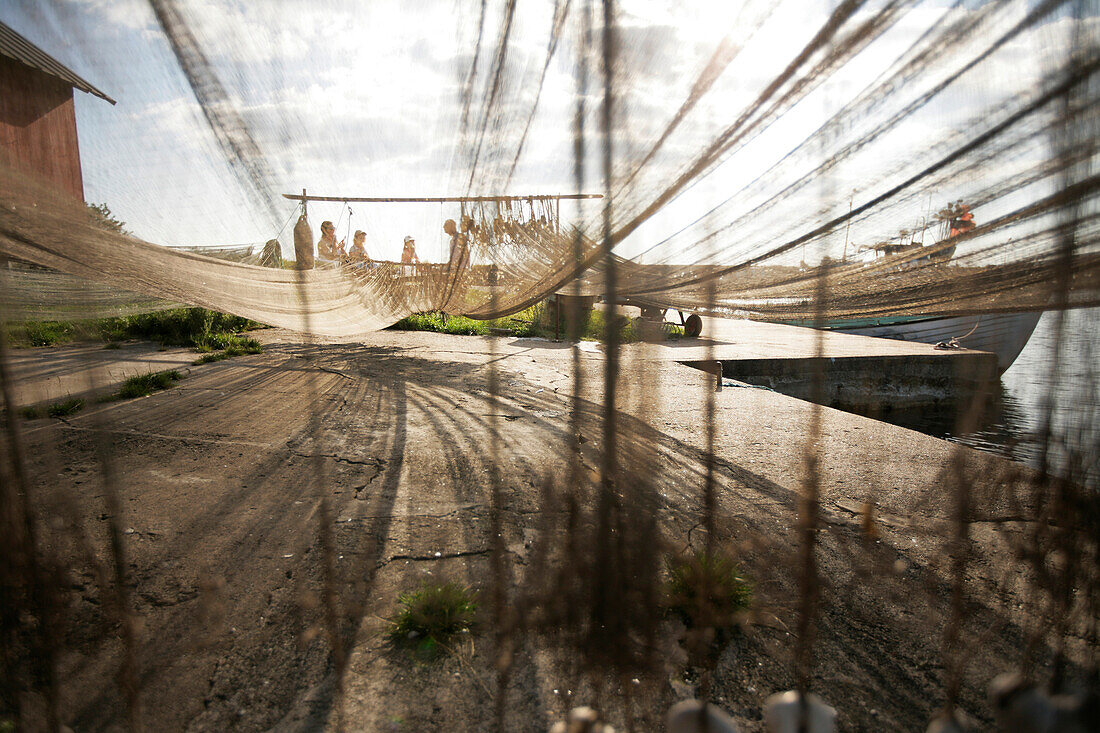 Fishing net, drying in the harbour, Sysne, Gotland, Sweden