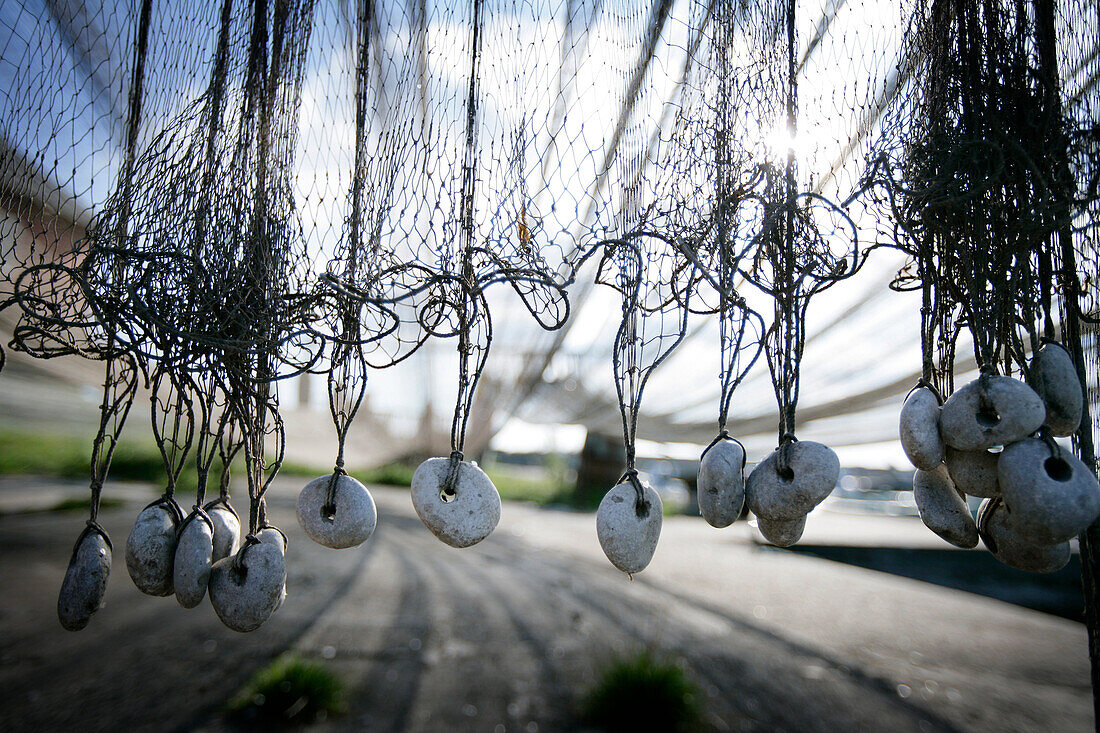Fishing net, drying in the harbour, Sysne, Gotland, Sweden