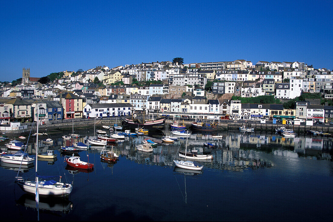 View over harbour with boats, Brixham, Devon, England, United Kingdom
