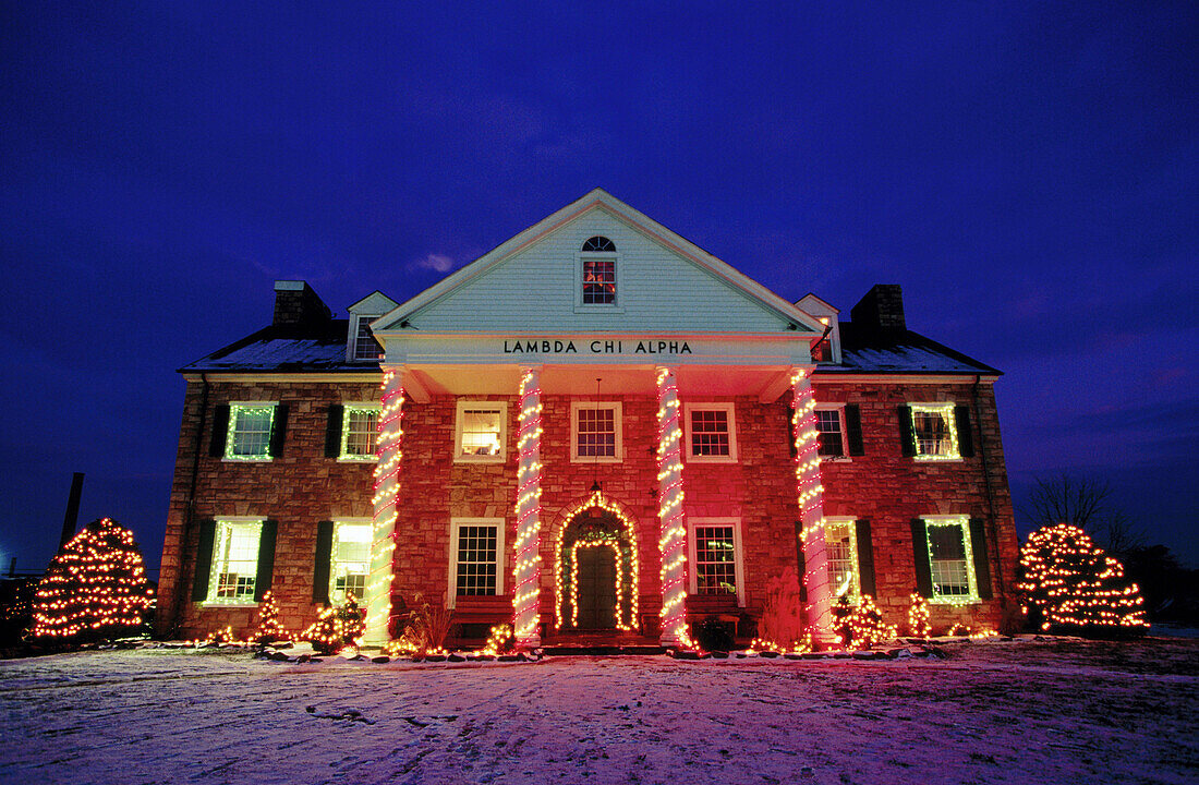 Lambda Chi Alpha Fraternity House with Christmas lights