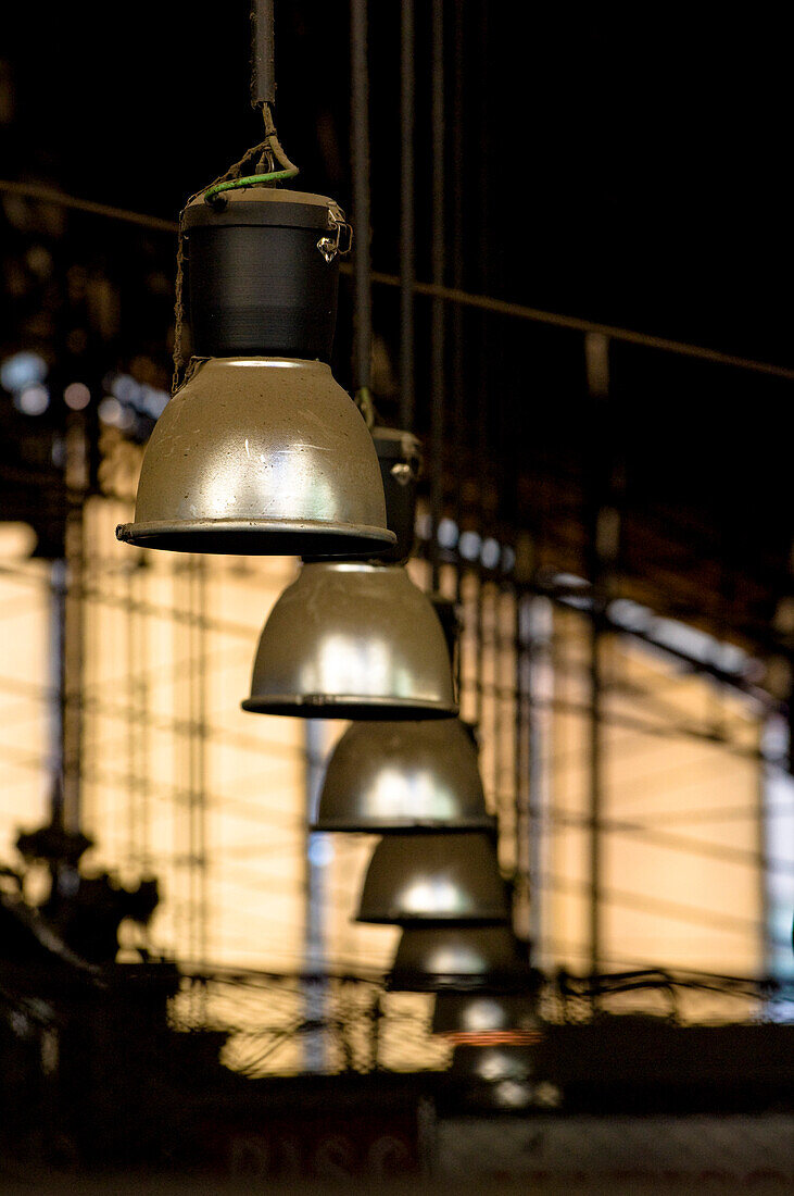 Lamps in the Mercat de la Boqueria hall, Barcelona, Spain