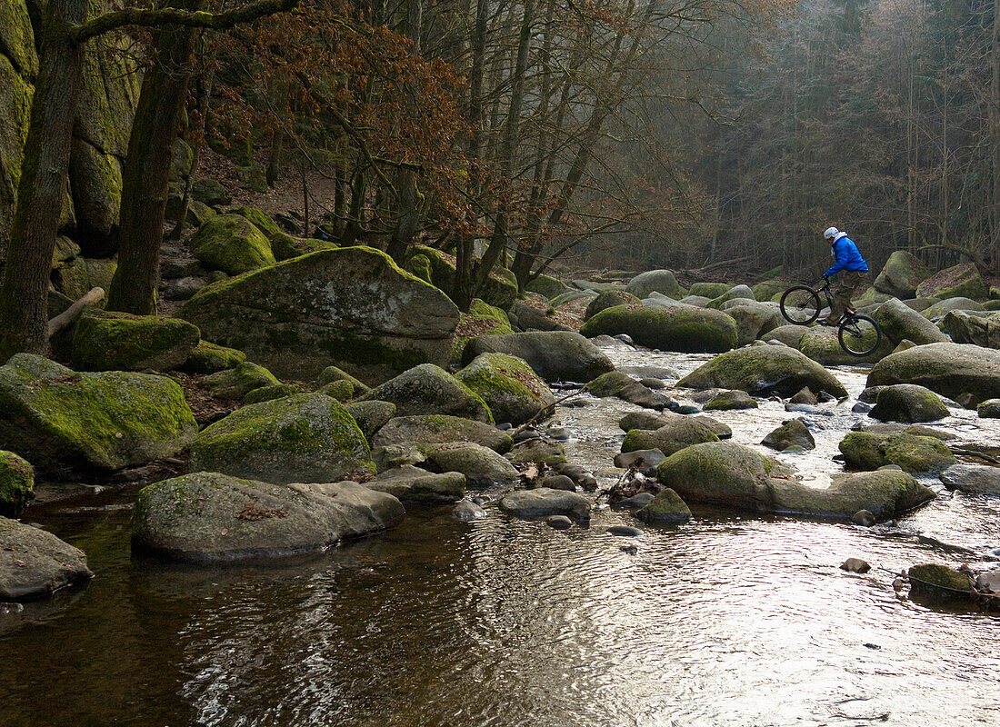 Trial biker on rocks of river, Muelviertel, Austria