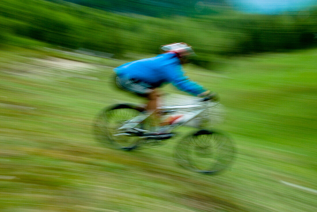 Mountainbiker fährt bergab über eine Wiese, Nationalpark Triglav, Slowenien