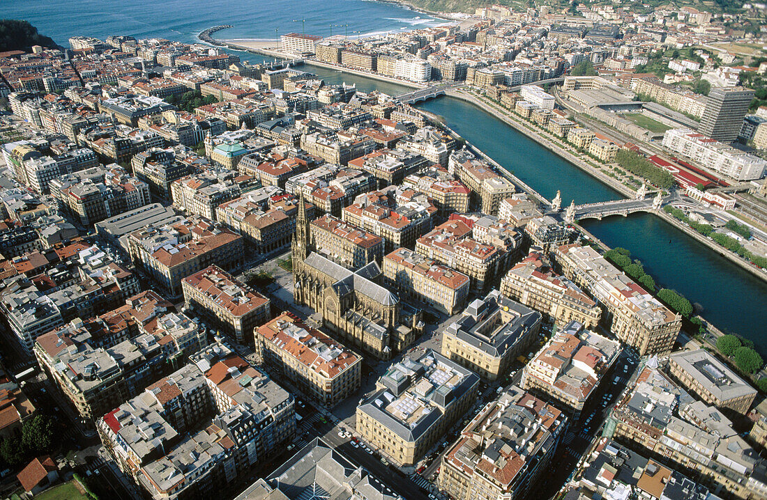 Urumea river and Buen Pastor cathedral. San Sebastian / Donostia. Guipuzcoa. Spain.