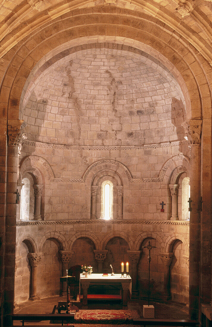 Romanesque collegiate church (XIIth century). Apsis and altar. Cervatos. Antabria. Spain.
