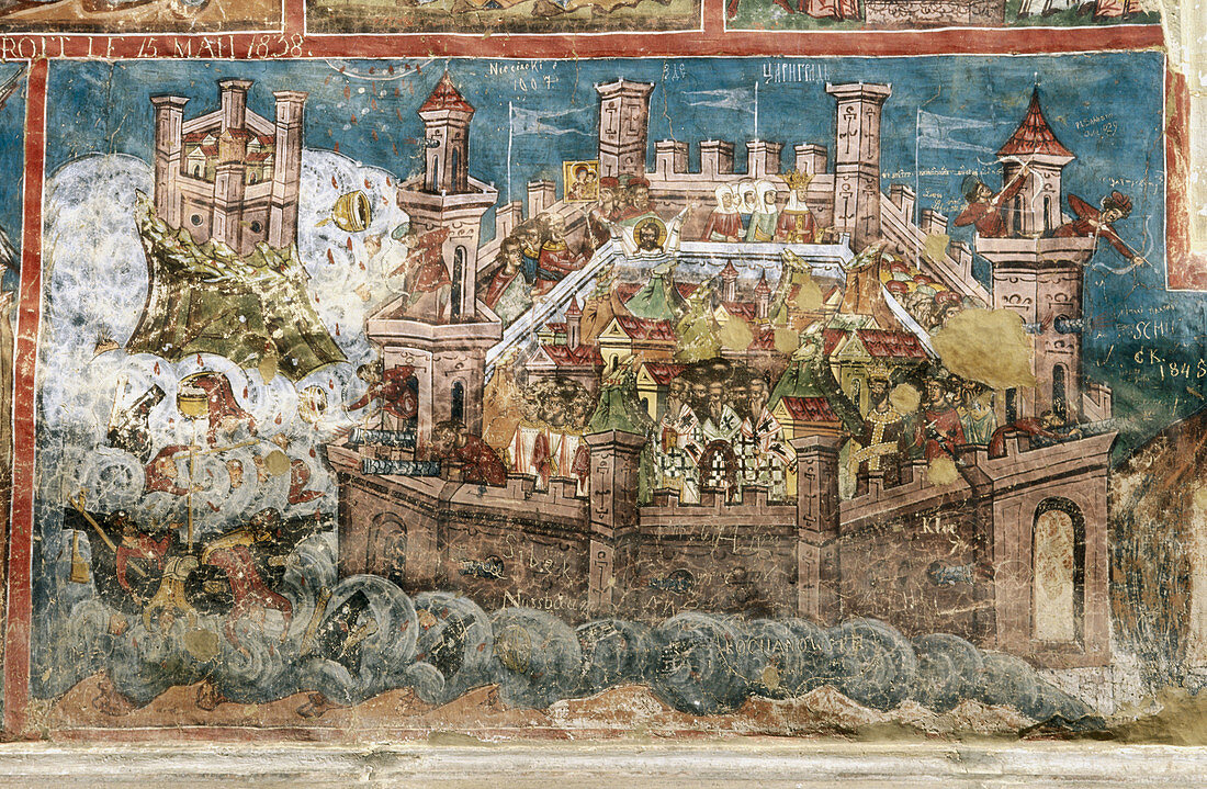 The Siege of Constantinople of 626. Moldovita monastery. Bucovina. Romania.