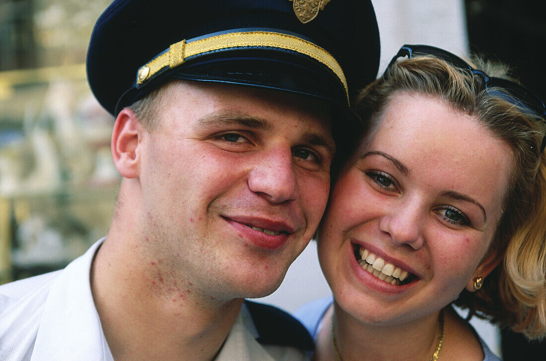 A soldier and his fiancee. Prague. Czech Republic
