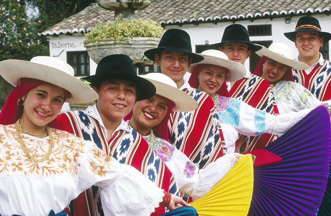 Folk group Nucanchi Llacta with traditional costumes. Zuleta. Imbabura province. Ecuador
