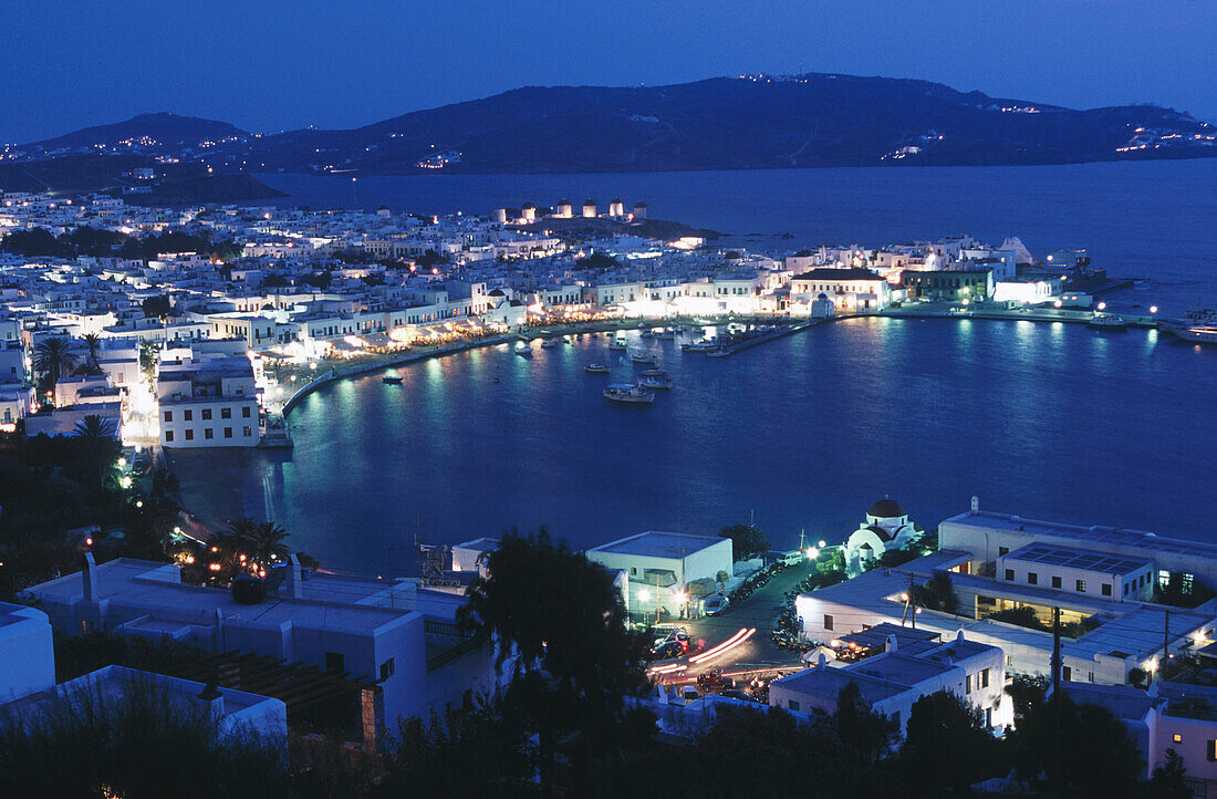 View of Mikonos at night. Greece