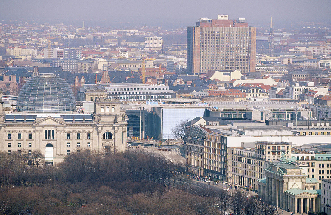 Aerial of the Reichstag and the Brandenburg Gate. Berlin. Germany