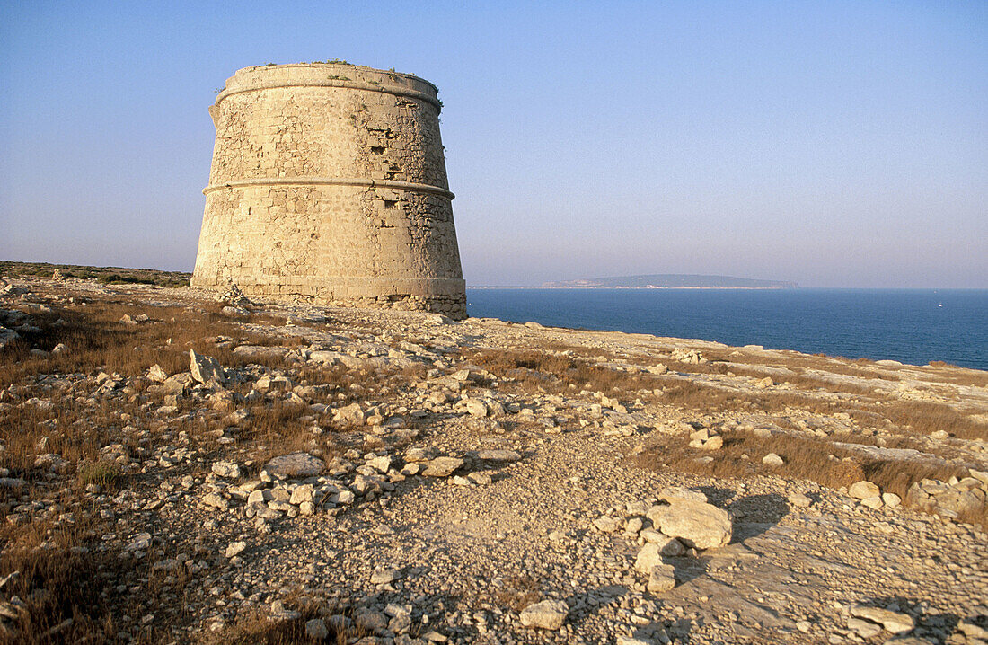 Defence tower of Des Garroveret (XVIIIth century). Barbaria Cape. Formentera. Balearic Islands. Spain.