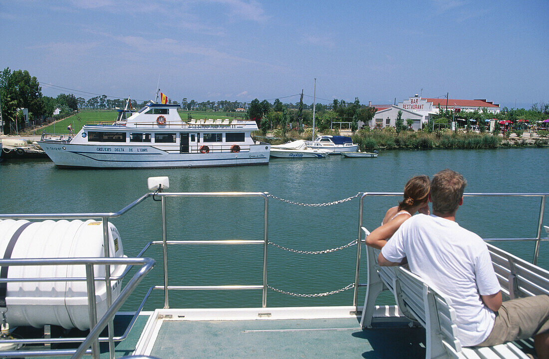 Cruise on the Ebro river mouth. Delta del Ebro Natural Park. Tarragona. Spain.