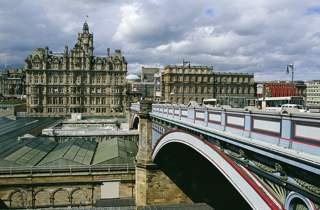 North Bridge over Waverley Train Station. Hotel Balmoral at background, former Waverley Hotel. Edinburgh. Scotland