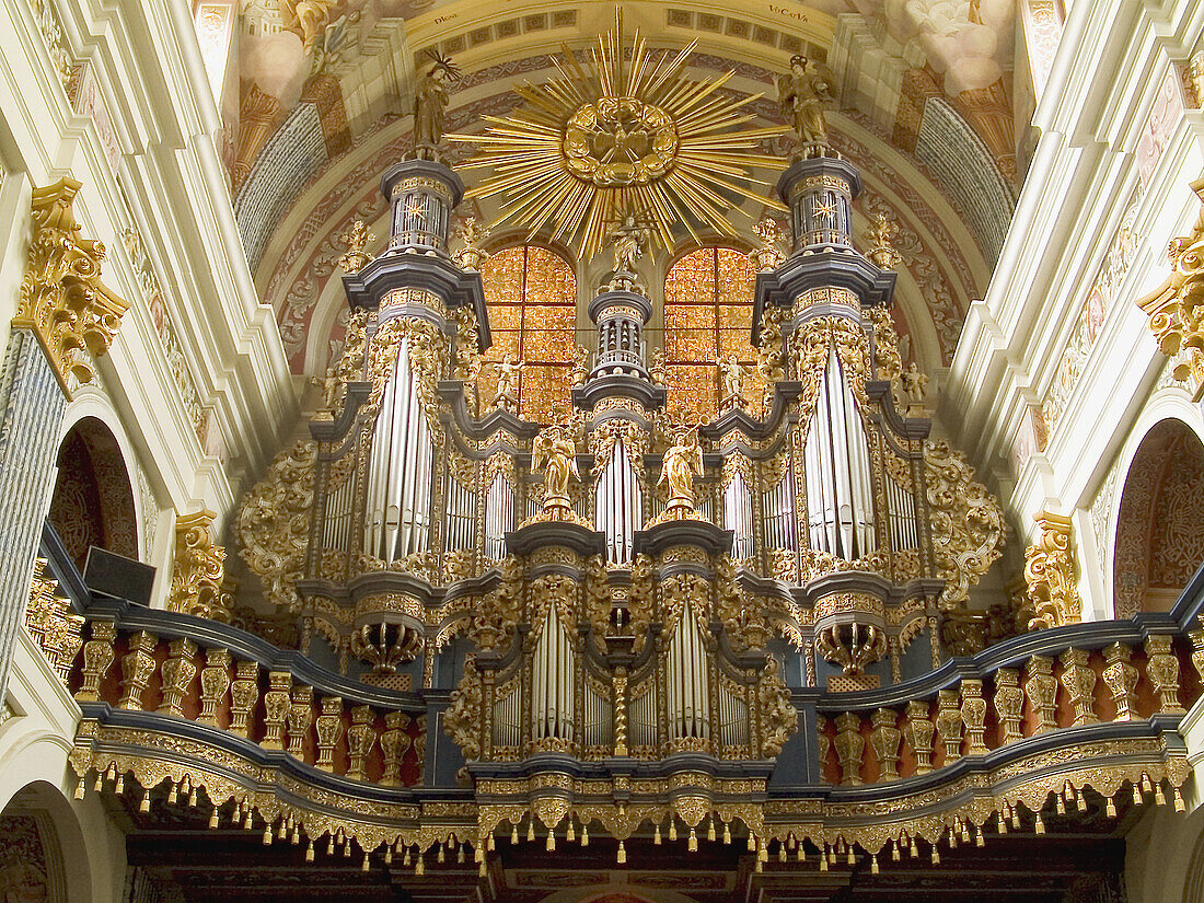Detail of organ (1721) by Jan Mosengel in famous Swieta Lipka Baroque church. Masuria lakes region, Poland