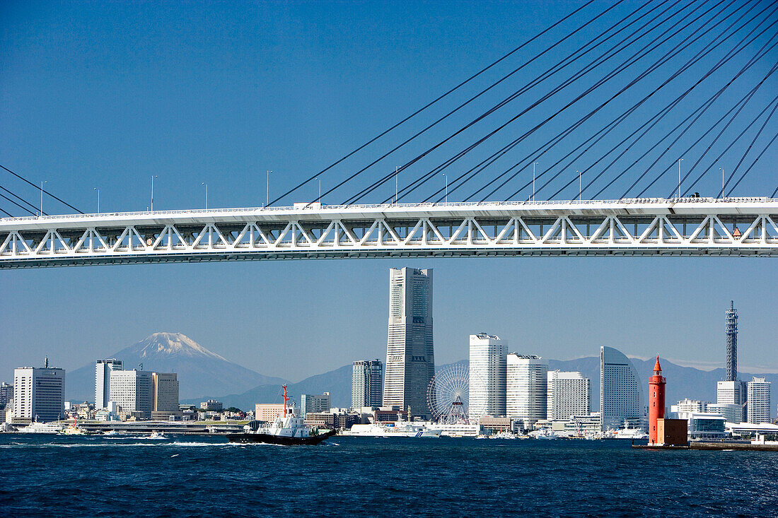 Bay Bridge and Mount Fuji in background, Yokohama. Japan