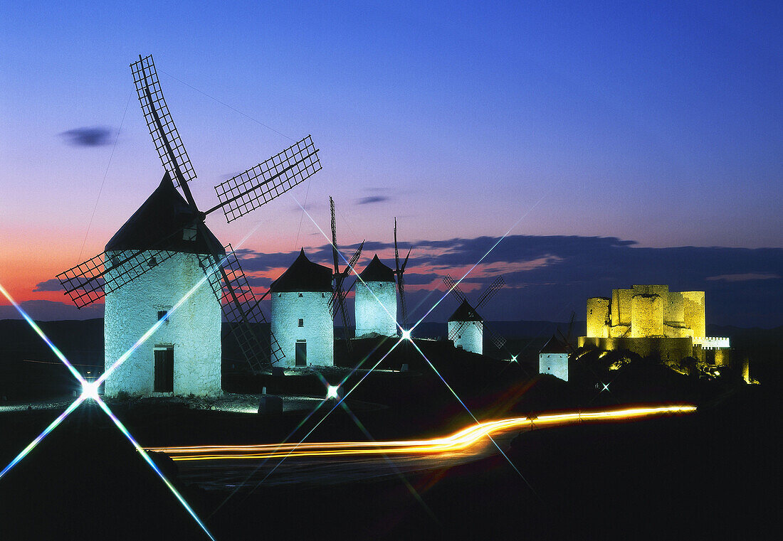 Windmills and castle, Consuegra. Toledo province, Castilla-La Mancha, Spain (April 2007)