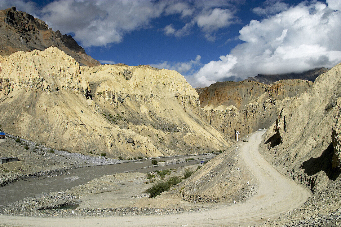 Road to Kunzum La from Kyato Nullah, Kyato bridge. Spiti Valley, Himachal Pradesh. India