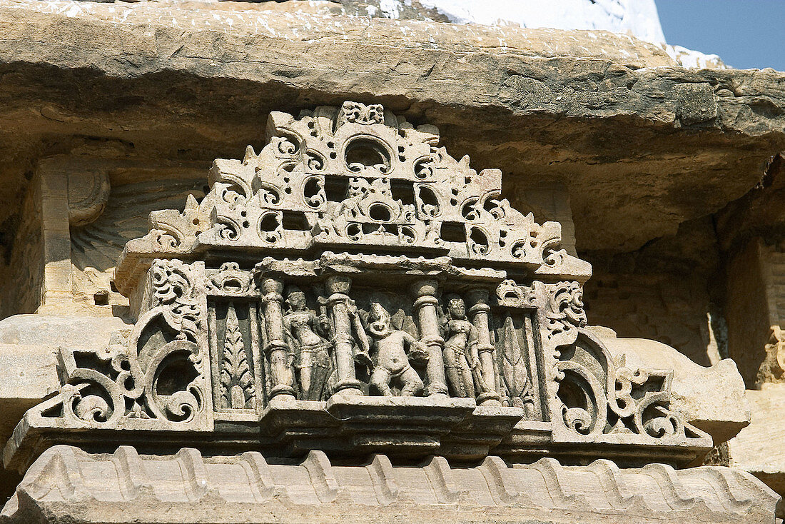 Scultpture at Pratihara temple (9th century). Magarmandi Mata temple. Nimaj, Pali district. Rajasthan, India