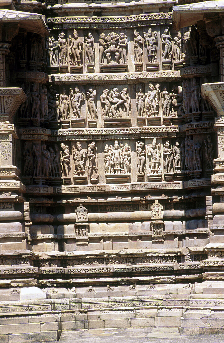 Ornate sculptures in three tiers, Vishwanath Temple, Khajuraho. Madhya Pradesh, India