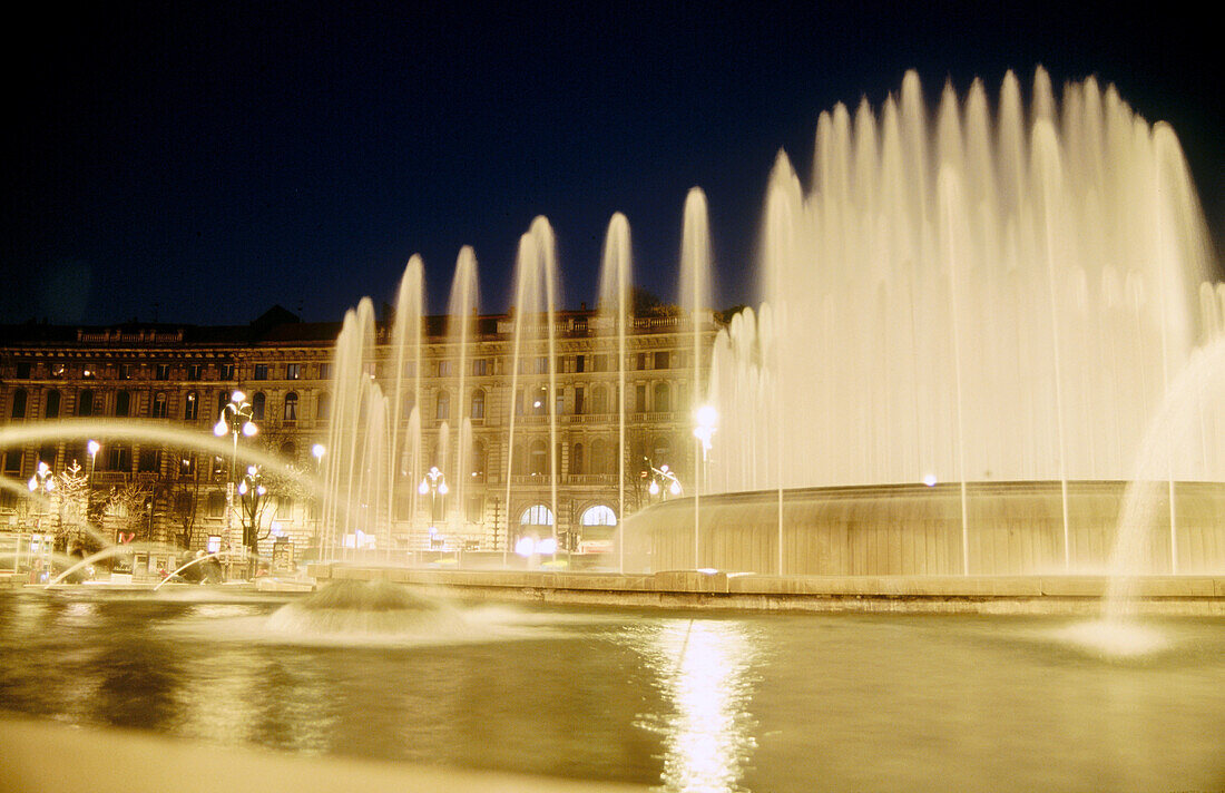 Fountain circle in front of Castello Sforzesco. Milan. Italy.