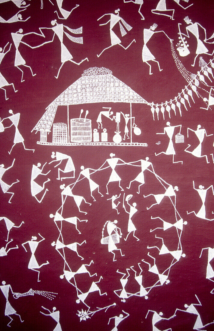 Warli wall painting. Handicraft. Maharashtra. India.