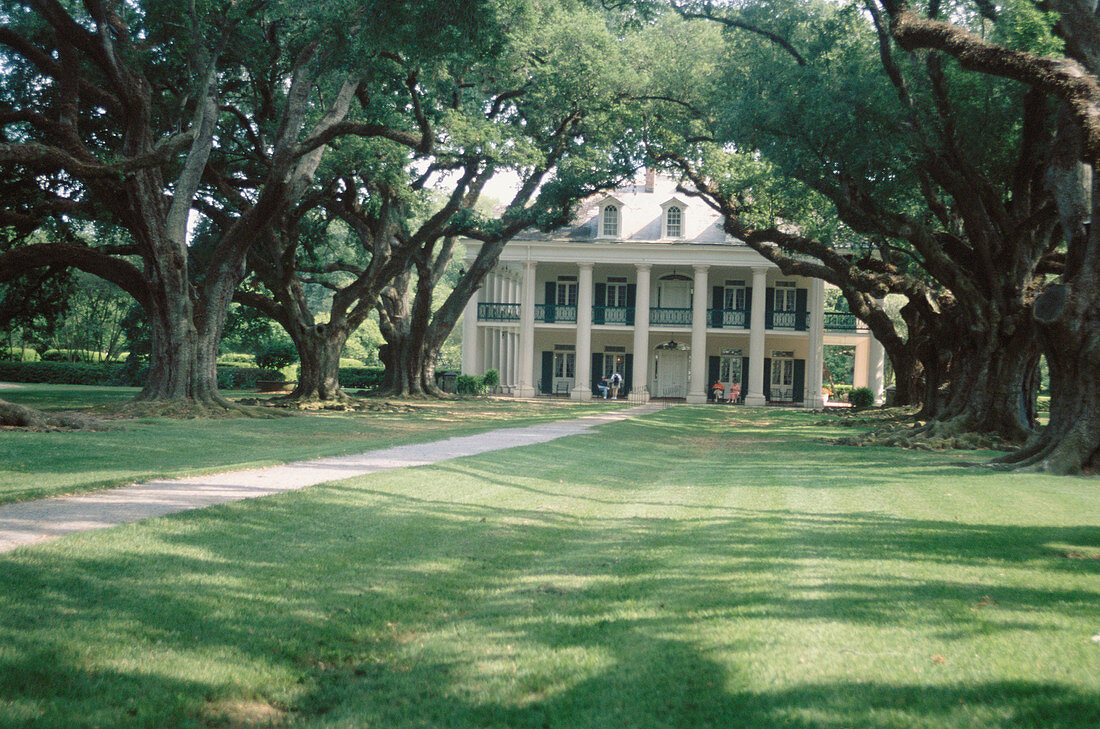 Oak Alley plantation house dating 19th century. La Vacherie. Mississippi river bank, Louisiana, USA