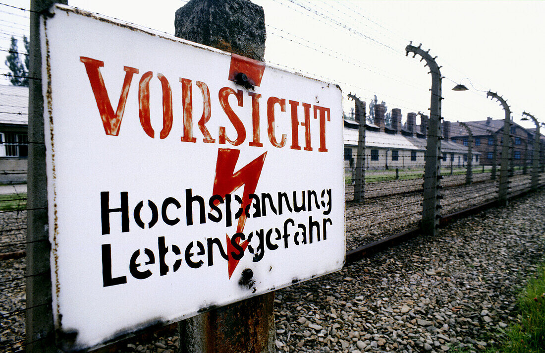 Warning sign at concentration camp. Auschwitz. Poland