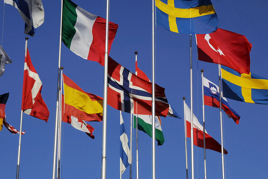 Flags from different nations in Stockholm. Sweden