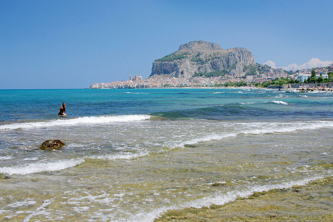Beach at Cefalu. La Rocca in background. Sicily. Italy 
