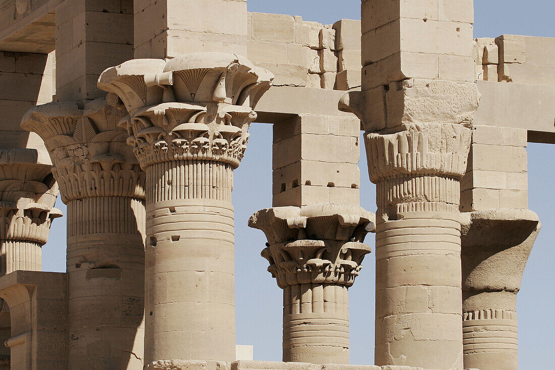 Columns in Philae Temple. A temple for Isis. Aswan. Egypt.