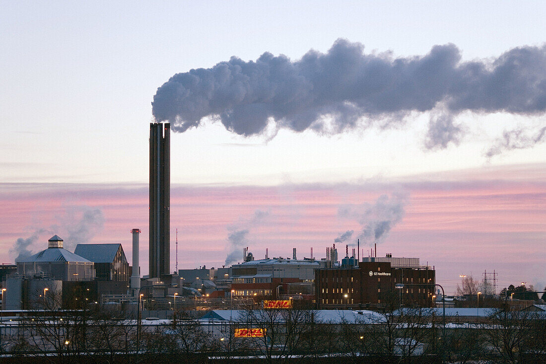 Chimney on district heating plant in Uppsala. Sweden. Winter morning