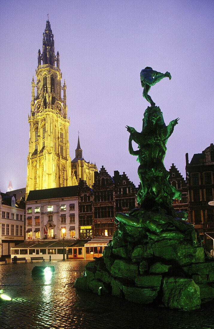 Cathedral of Our Lady and Brabo Fontein at Grote Markt. Antwerp. Belgium