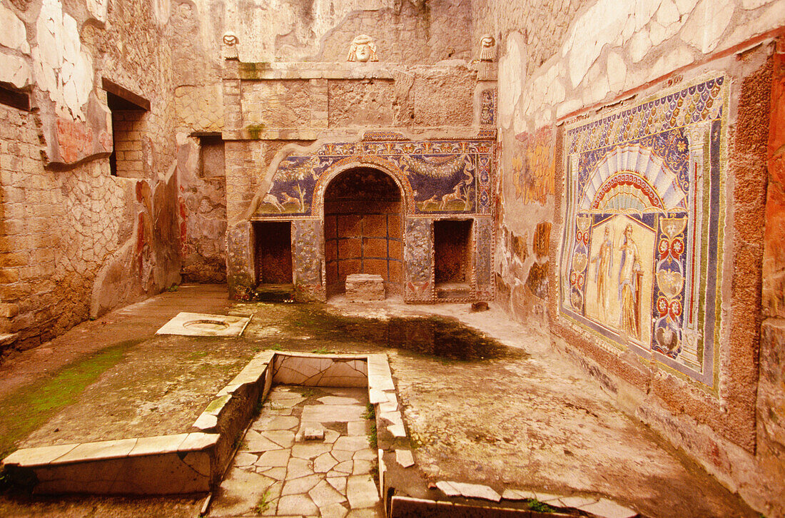 The nymphaeum (sanctuary consecrated to water nymphs). House of Neptune and Amphitrite. Ruins of the old Roman city of Herculaneum. Italy