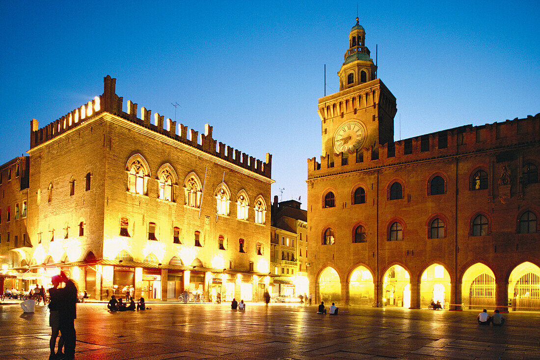 View of Piazza Maggiore, with Palazzo dei Notai and Palazzo Comunale (Town Hall). Bologna. Italy
