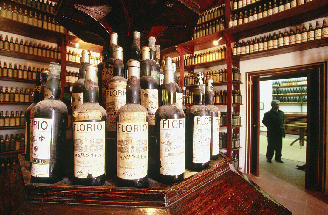 Old bottles of Marsala D.O.C. Wine. Sicily. Italy