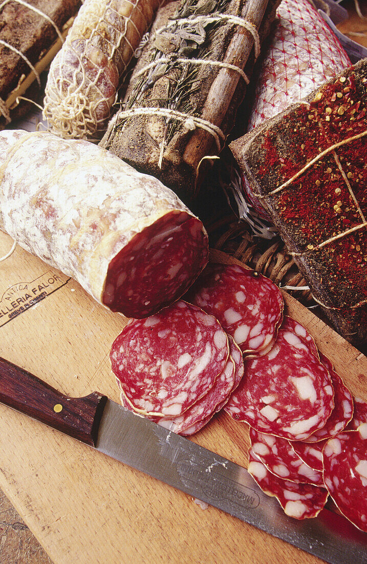 Meat products from a shop in Greve in Chianti. Chianti. Tuscany. Italy