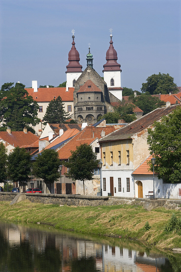 Jihlava river, Zamosti (Jewish town) and St. Procopius Basilica, Trebic. Moravia, Czech Republic