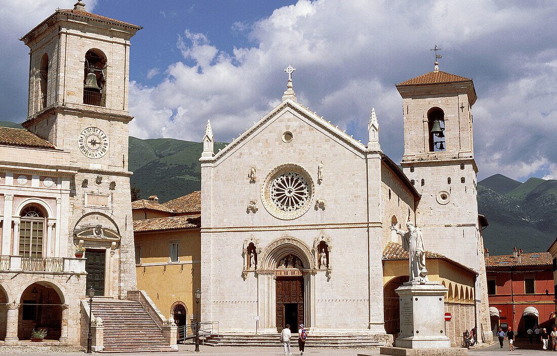 Piazza San Benedetto. The church and the municipal palace. Norcia. Umbria. Italy.
