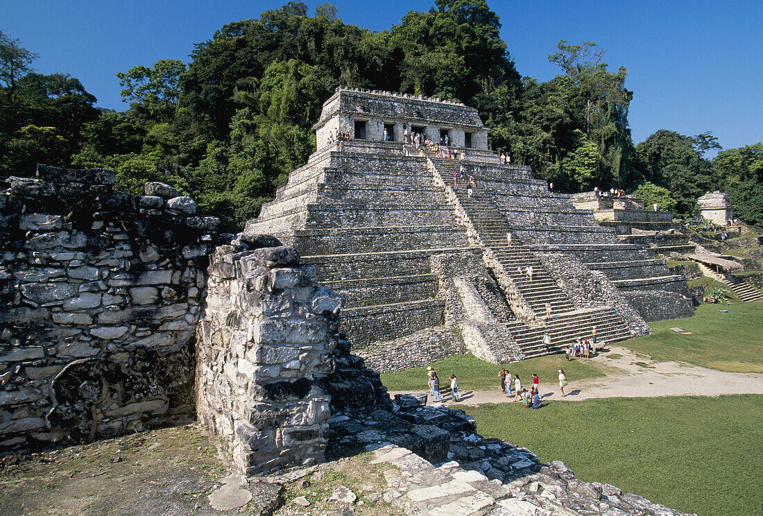 View of the Inscriptions Temple from the Palace (UNESCO World Heritage). Palenque. Chiapas. Mexico.