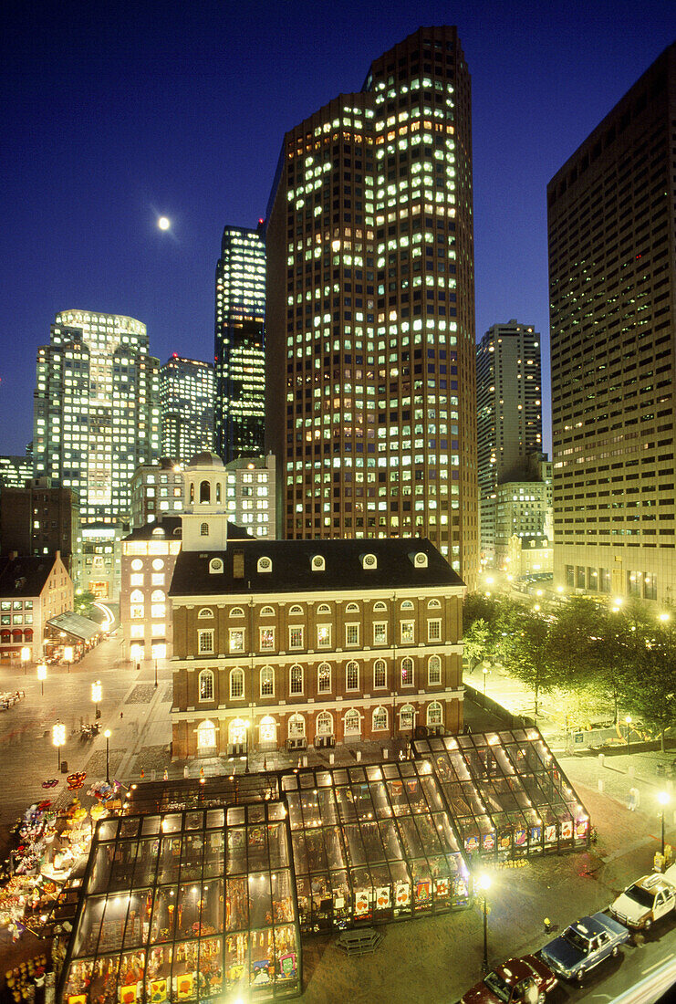 The Faneuil Hall Marketplace and the town at twilight from the Bostonian Hotel. Boston. Massachusetts. USA