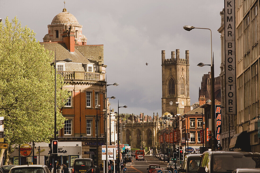 Renshaw street and the bell-tower of St. Luke s Church. Liverpool. England. UK