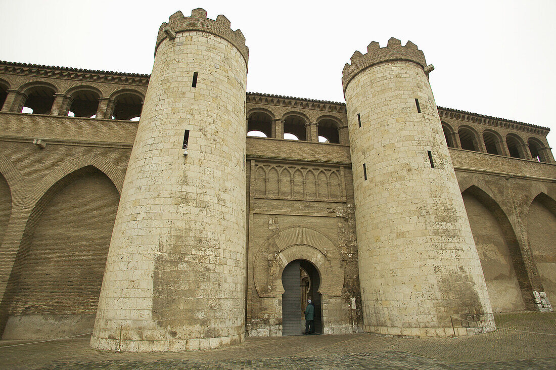 Exterior view and entrance gate. Aljafería Palace. Zaragoza. Aragon. Spain.