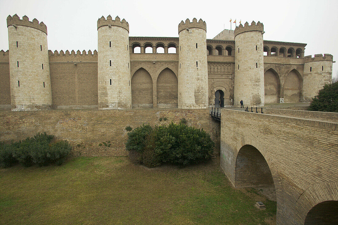 General view and entrance gate. Aljafería Palace. Zaragoza. Aragon. Spain.