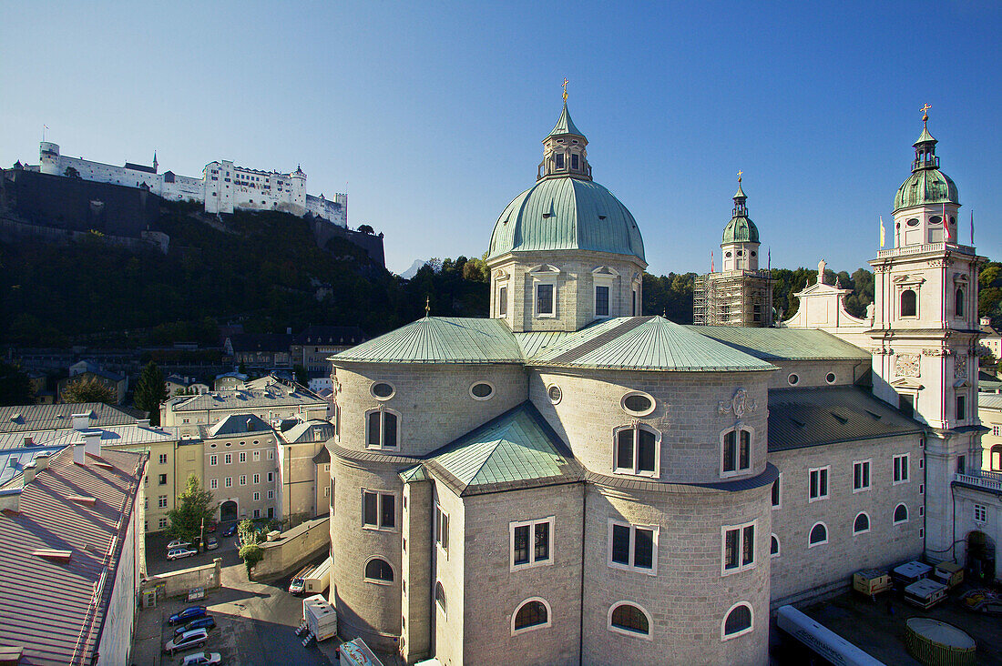 Cathedral and Hohensalzburg Fortress in background, Salzburg. Austria