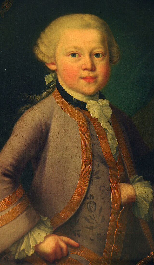 Mozart s portrait at age 6 in gala dress, probably by Pietro Antonio Lorenzoni (Salzburg, 1763)