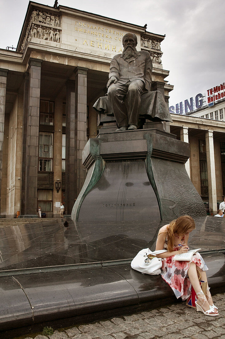 Russian State Library (Old Lenin library) and Fyodor Dostoevsky statue. Moscow. Russia